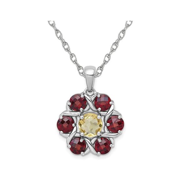 4.23 Carat (ctw) Citrine and Garnet Flower Pendant Necklace in Sterling Silver w